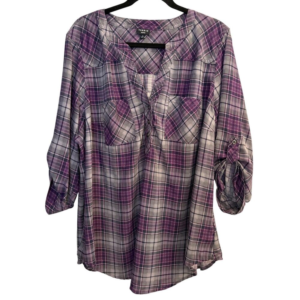 Torrid Harper Purple Plaid Georgette Pullover Blouse Roll Tab Sleeve Plus 2X